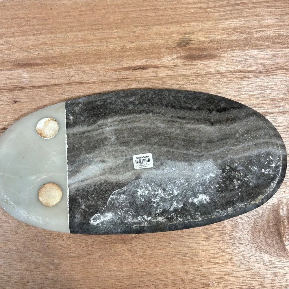 Crate&Barrel 2 Tone Marble Board Small Oval Serving Charcuterie Gray White Stone